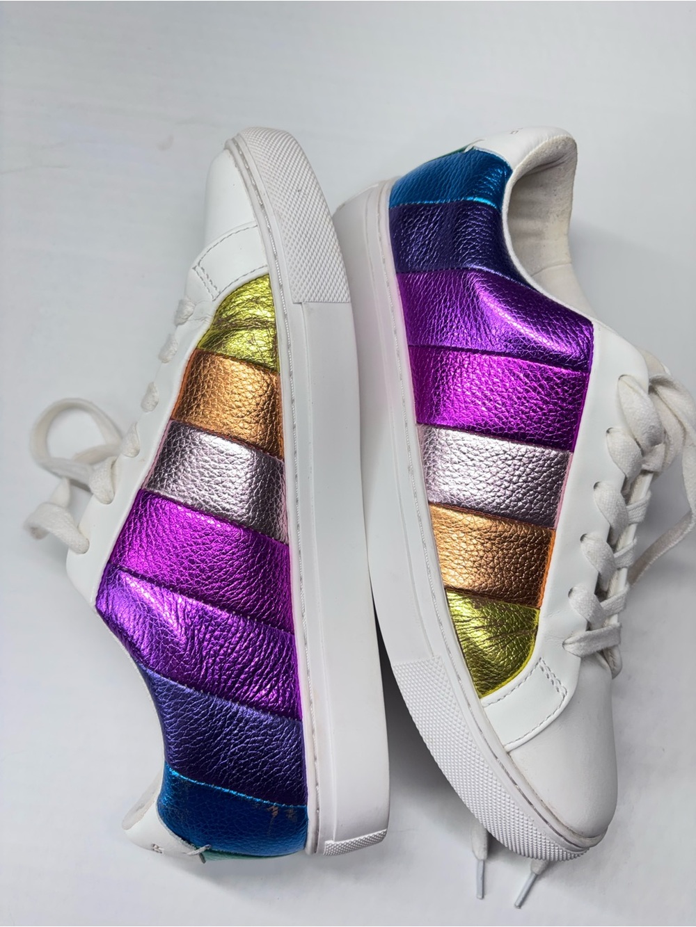 Kurt Geiger Metallic Rainbow Sneakers White Leather Iridescent Fun Leather 8.5